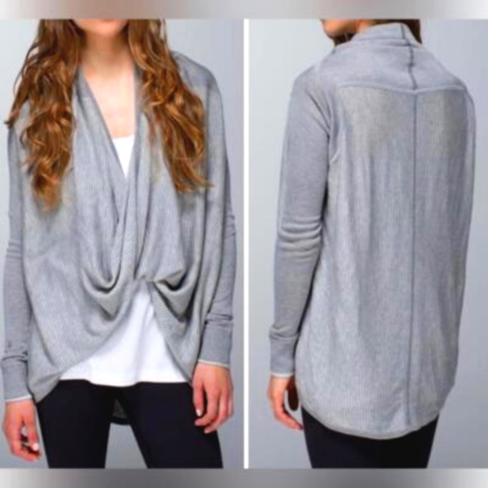 LULULEMON Wrap Twist Sweater Grey with stripes long knit cuffed slv Sz 4(XS-S)